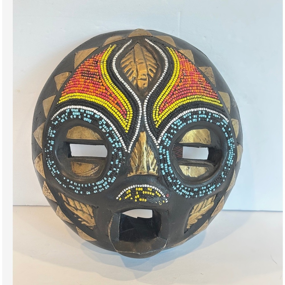 Vintage Tribal Mask African Brass & Bead Inlay Hand Carved Wood Art Ghana